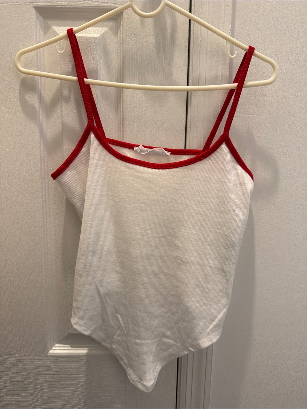 Double Zero White Camisole with Red Trim Spaghetti Straps, v bottom front. Sm